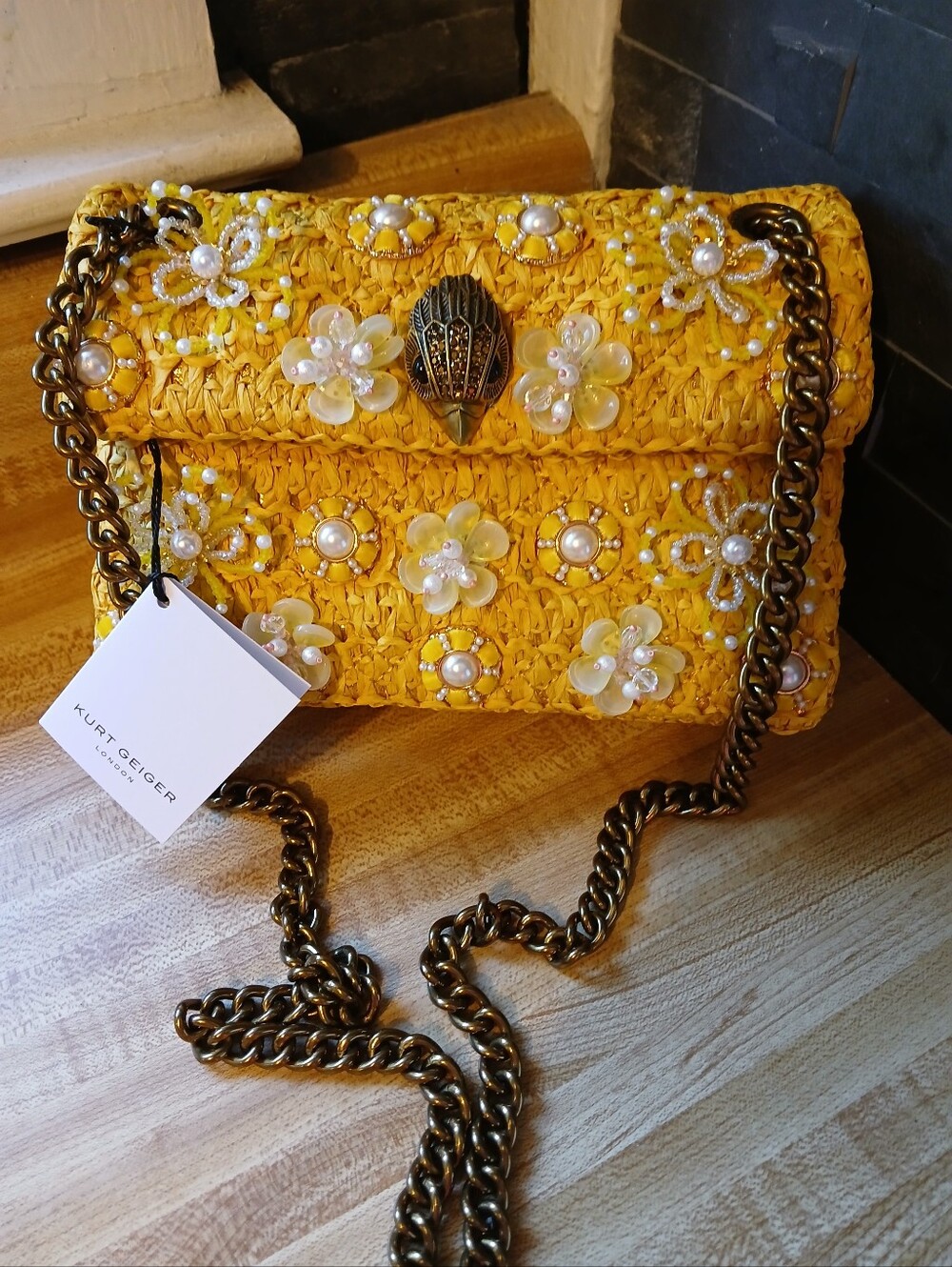 Kurt Geiger Yellow Beaded Floral Crossbody Bag with Gold Chain